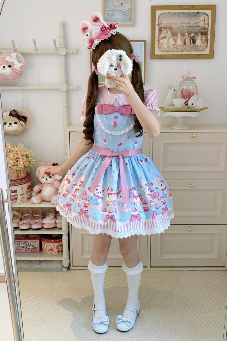 Blue/Pink [Cupid Bunny] Printed Sleeveless Bow Sweet Princess Lolita Strap Dress - Product - 7