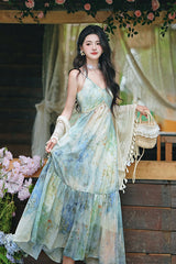 Blue/Green V Collar Sleeveless Ombre French Oil Painting Printed Ruffled Sweet Lolita Jsk Dress - Blue/Green - 1