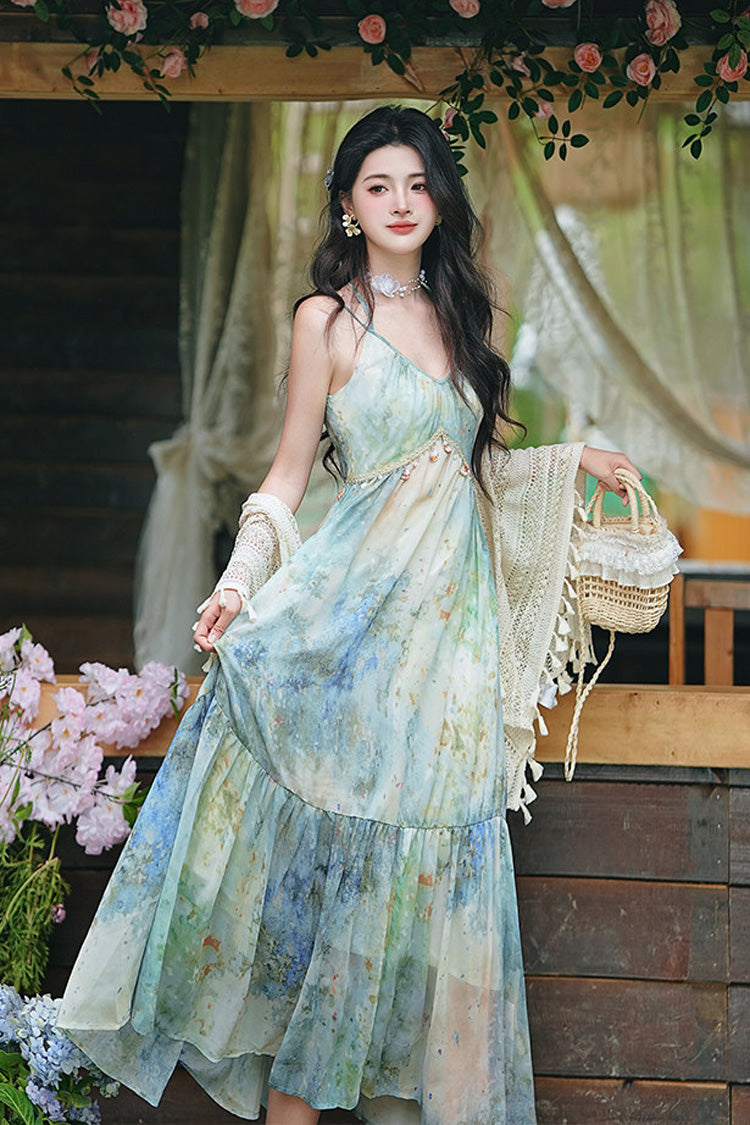 Blue/Green V Collar Sleeveless Ombre French Oil Painting Printed Ruffled Sweet Lolita Jsk Dress - Blue/Green - 1