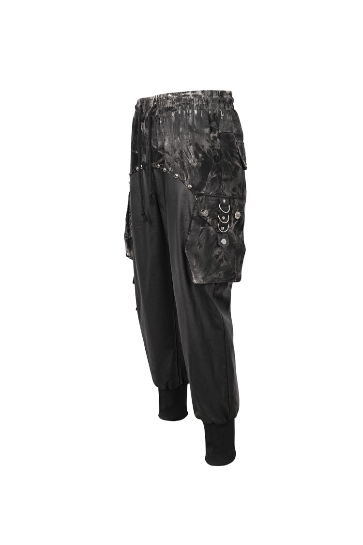 Black Tie Dyed Splice Hand Painted Waist Drawstring Men's Gothic Pants - Product - 7