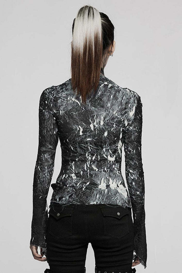 Black /White Punk Pleated Half Turtleneck Irregular Sexy Long Sleeve Lightweight Women's T-Shirt - Product - 3