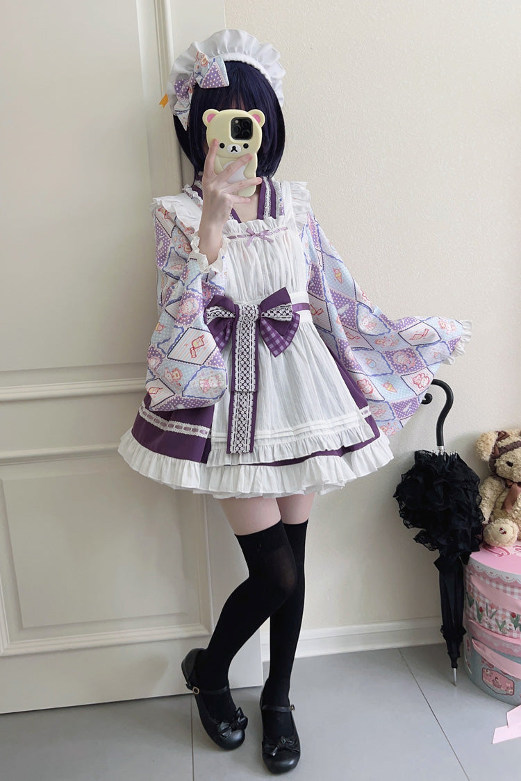 [Showa Sweet Pet] Ruffle Bowknot Sweet Japanese Maid Lolita Dress 6 Colors - Purple - 16