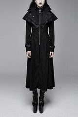 Black Hand Embroidered Big Shawl Collar Zipper Up Long Womens Gothic Coat - Black - 1