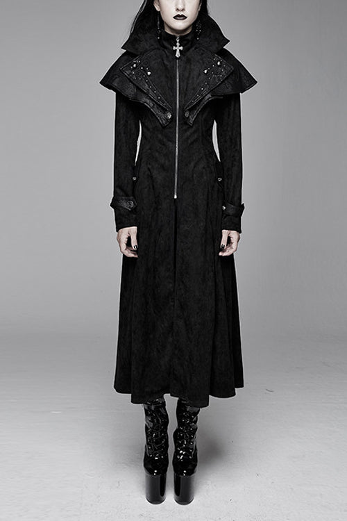 Black Hand Embroidered Big Shawl Collar Zipper Up Long Womens Gothic Coat - Black - 1