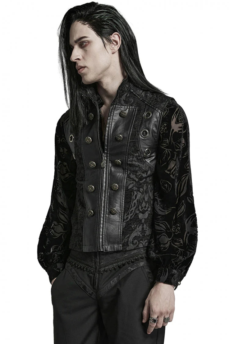 Men's Stand Collar Jacquard Print Stitching Metal Ring Decoration Gothic Vest 2 Colors - Product - 13