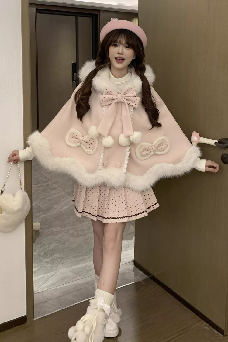 Pink [Sea Salt Guava] Polka Dot Printed Ruffled Bow Hooded Sweet Princess Lolita Dress Cloak Set - Pink (Set) - 1