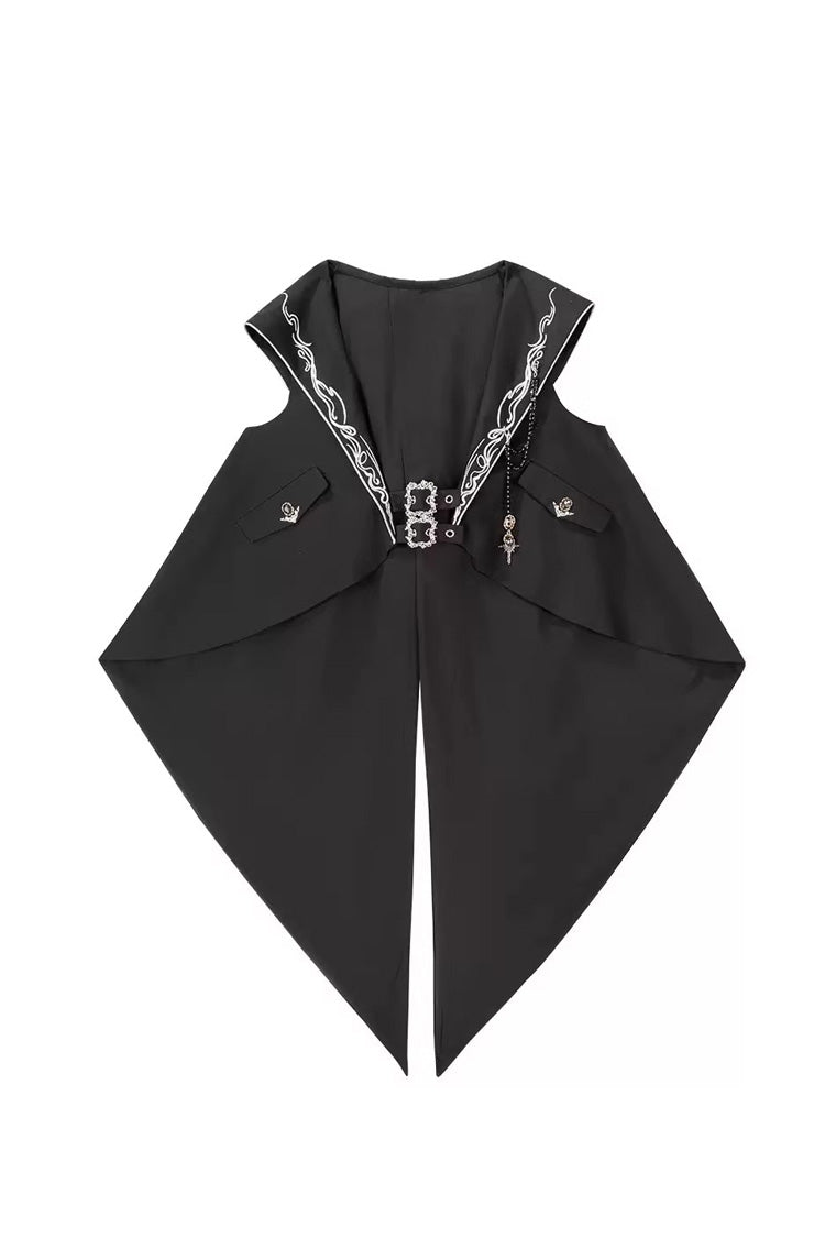 Black [Bunny-Eared Meteorite] Long Sleeves Embroidered Gothic Prince Ouji Lolita Shorts Vest Set - Vest - 10