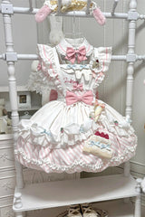 [Puppy Pastry Chef] Lapel Collar Printed Ruffled Embroidered Bow Lace Asymmetric Sweet Lolita Dress 3 Colors (Yellow, Blue, Pink) - Pink - 2