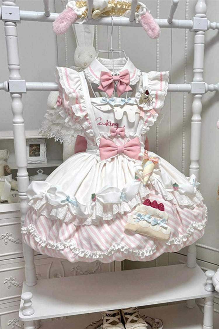 [Puppy Pastry Chef] Lapel Collar Printed Ruffled Embroidered Bow Lace Asymmetric Sweet Lolita Dress 3 Colors (Yellow, Blue, Pink) - Pink - 2