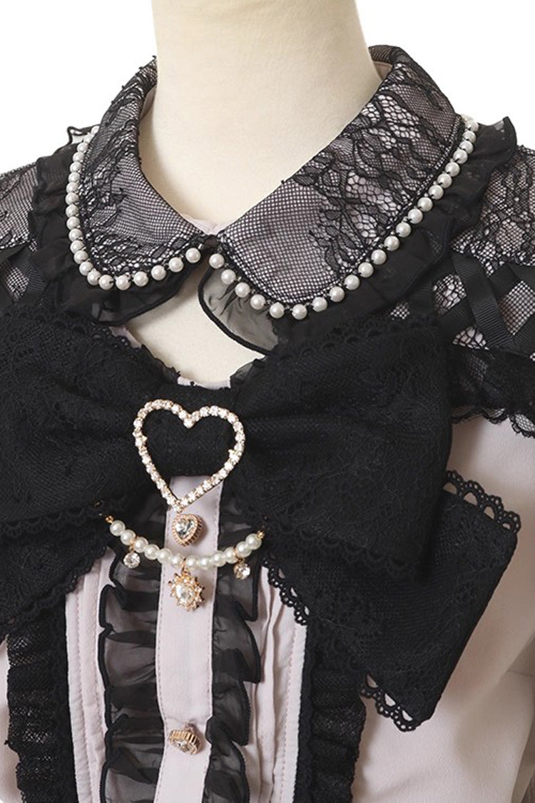 Sweet Lapel Collar Off Shoulder Short Sleeves Bowknot Pearl Jirai Kei Japanese Blouse 3 Colors - Black - 7
