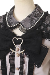 Sweet Lapel Collar Off Shoulder Short Sleeves Bowknot Pearl Jirai Kei Japanese Blouse 3 Colors - Black - 7