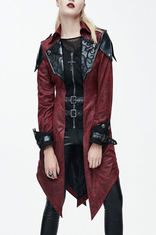 Punk Black And Red Applique Womens Hooded Leather Long Coats - Black/Red - 1