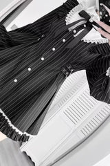 Black Doll Collar Long Sleeves Vertical Striped Printed Ruffled Bow Classic Lolita Dress - Product - 4