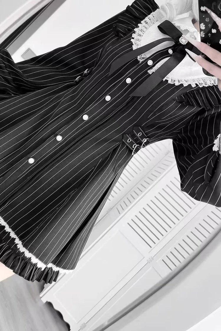 Black Doll Collar Long Sleeves Vertical Striped Printed Ruffled Bow Classic Lolita Dress - Product - 4