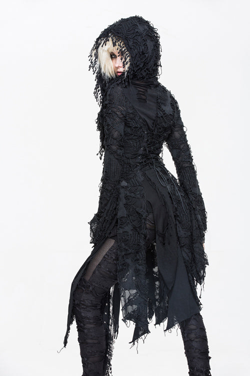 Black Ragged Horn Sleeves Womens Punk Long Coat - Product - 6