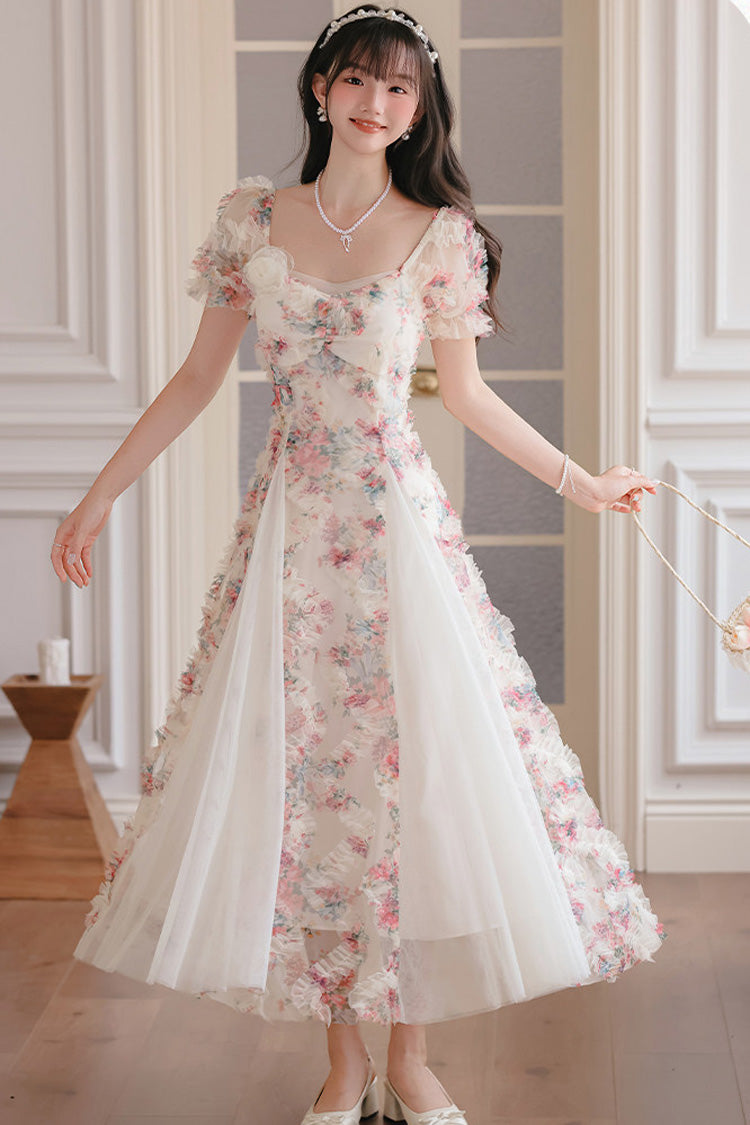 White Floral Pattern Square Collar Short Puff Sleeves Ruffled Open-Front Spliced Sweet Lolita Dress - Product - 13