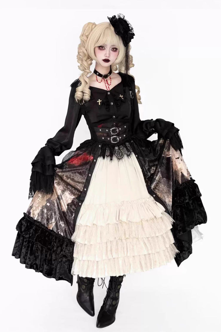 [Heretical Nun] Sleeveless Multi-Layered Printed Ruffled Open-Front Gothic Plus Size Lolita Strap Dress Short Version 2 Colors - Black/White - 2