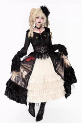 [Heretical Nun] Sleeveless Multi-Layered Printed Ruffled Open-Front Gothic Plus Size Lolita Strap Dress Short Version 2 Colors - Black/White - 2