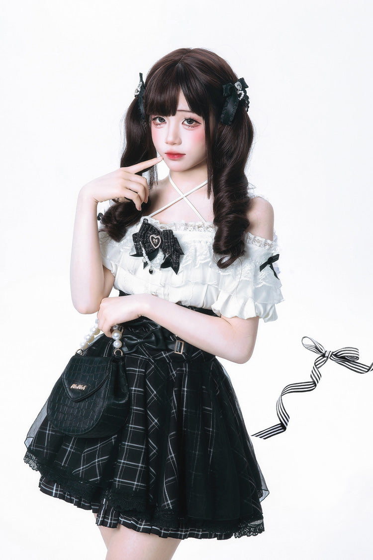 Black/White [Sixteenth Night] Off Shoulder Short Sleeves Plaid Printed Bow Classic Japanese Jirai Kei Skirt Set - Black/White(Set) - 1