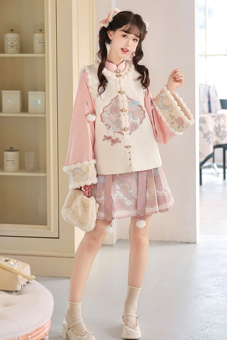 White/Pink [Miracle Pony] Round Collar Long Sleeves High Waisted Printed Women's Sweet Hanfu Dress Set - Product - 5