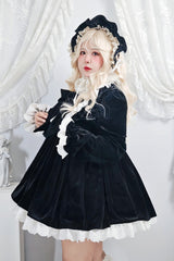 Black [Antique Velvet Doll] Stand Collar Long Sleeves Ruffled Bow Gothic Plus Size Lolita Dress - Product - 4