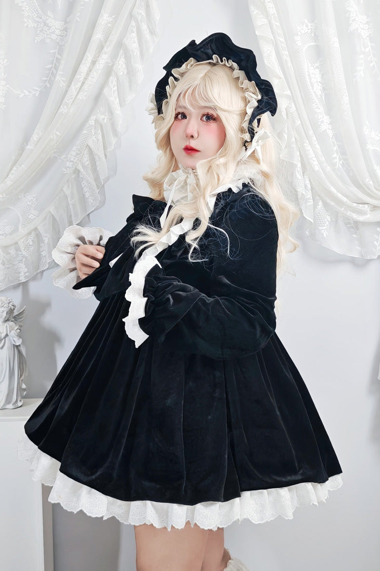 Black [Antique Velvet Doll] Stand Collar Long Sleeves Ruffled Bow Gothic Plus Size Lolita Dress - Product - 4