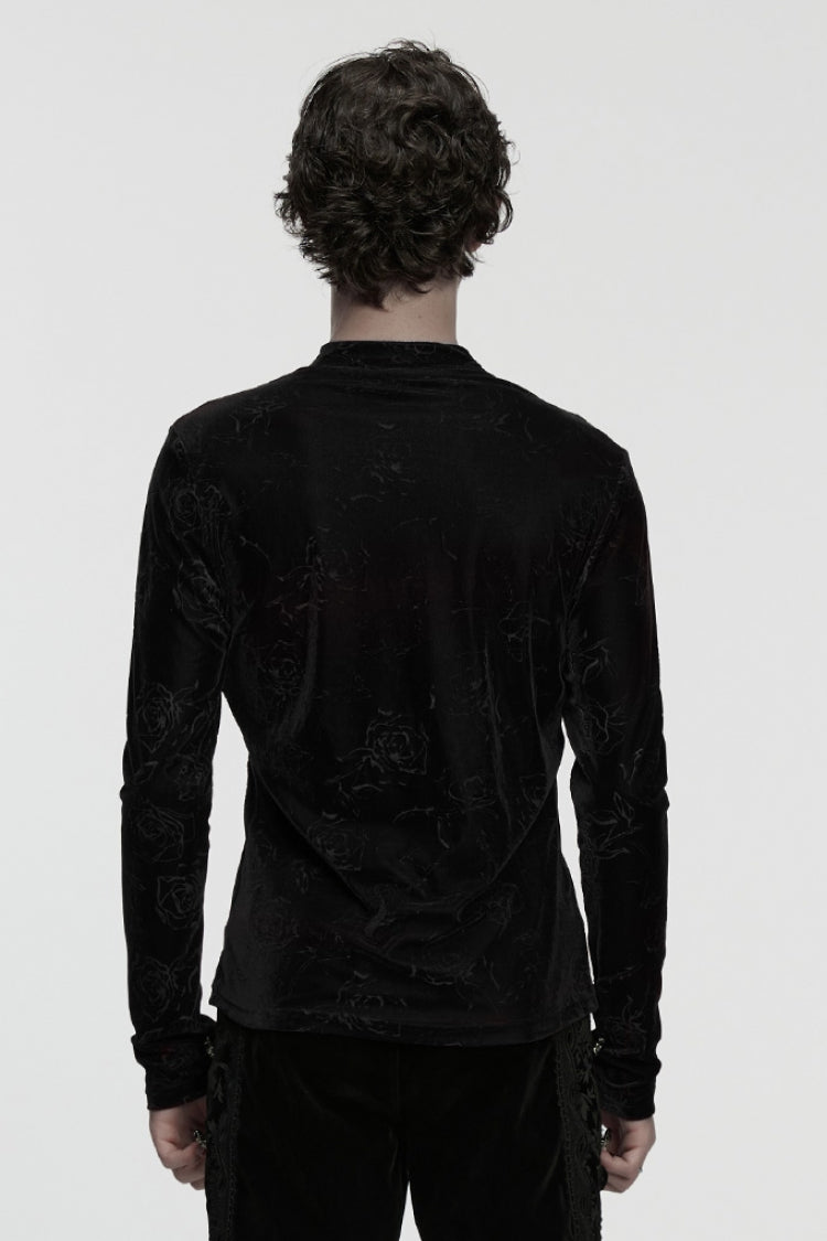 Black Stand Collar Long Sleeves Rose Embossed Lace-Up Zippered Men's Gothic Top - Product - 3