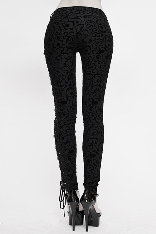 Black Gothic Flocking Patterned Laced Up Asymmetrical Side Womens Pants - Product - 4