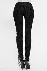 Black Gothic Flocking Patterned Laced Up Asymmetrical Side Womens Pants - Product - 4