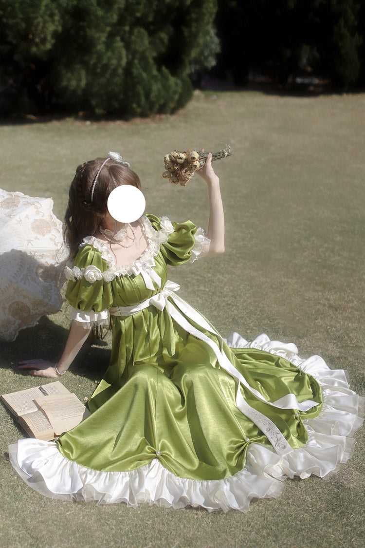 Green Square Collar Short Sleeves Ruffle Bowknot Sweet Regency-Style Vintage (Dress Only) detail view 6