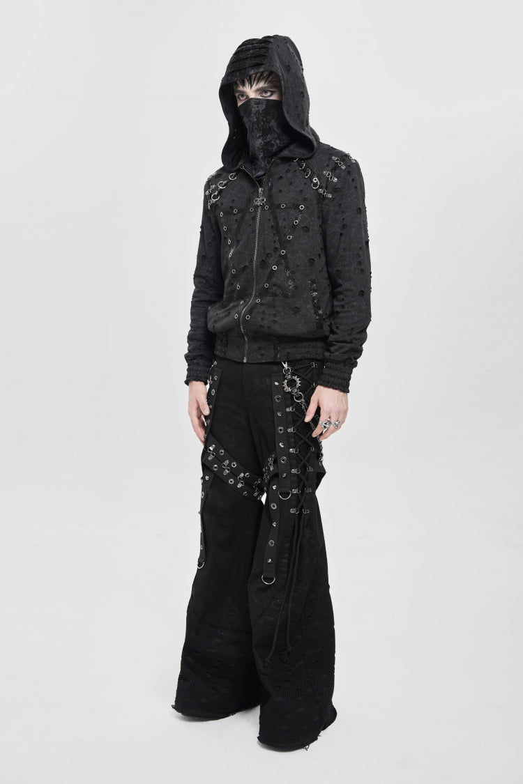 Black Long Sleeves Hexagram Print Hooded Ripped Pleated Men's Punk Coat - Product - 4