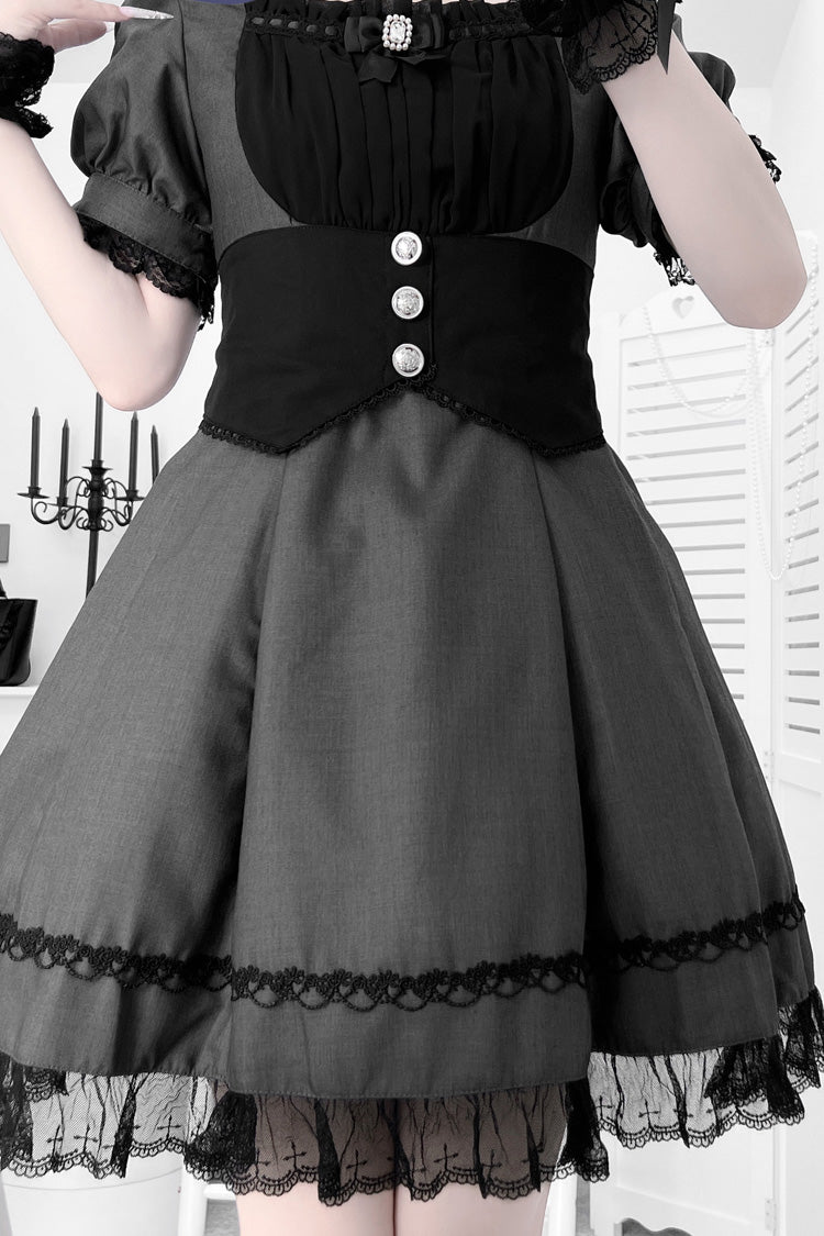 Black/Grey Short Sleeves Ruffle Bowknot Cross Waist Maid Sweet Japanese Lolita Dress Set - Product - 2
