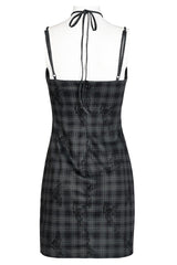 Grey Knitted Stretch Hollow-Carved Design Drawstring Bodycon Shoulder Strap Halter Neck Women's Punk Dress - Product - 7