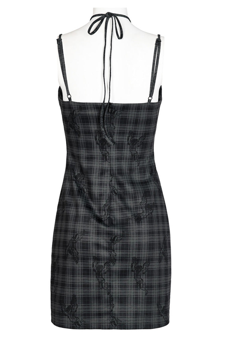 Grey Knitted Stretch Hollow-Carved Design Drawstring Bodycon Shoulder Strap Halter Neck Women's Punk Dress - Product - 7