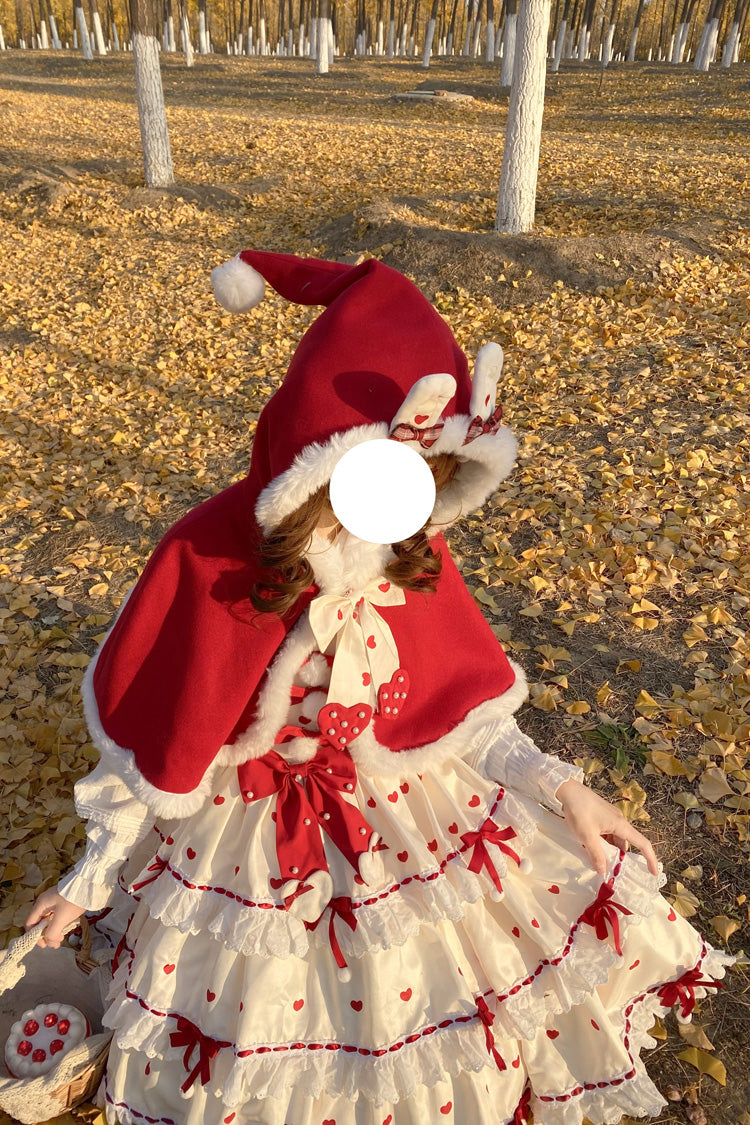 Red/Apricot Triple-Layered Print Ruffle Bowknot Lace Sweet Princess Lolita Dress Cloak Set - Product - 7