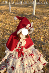 Red/Apricot Triple-Layered Print Ruffle Bowknot Lace Sweet Princess Lolita Dress Cloak Set - Product - 7