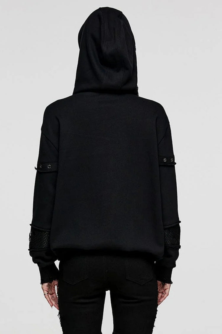 Black Long Sleeves Print Metal Eyelet Lace-Up Hooded Womens Steampunk Jacket - Product - 3