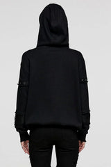Black Long Sleeves Print Metal Eyelet Lace-Up Hooded Womens Steampunk Jacket - Product - 3