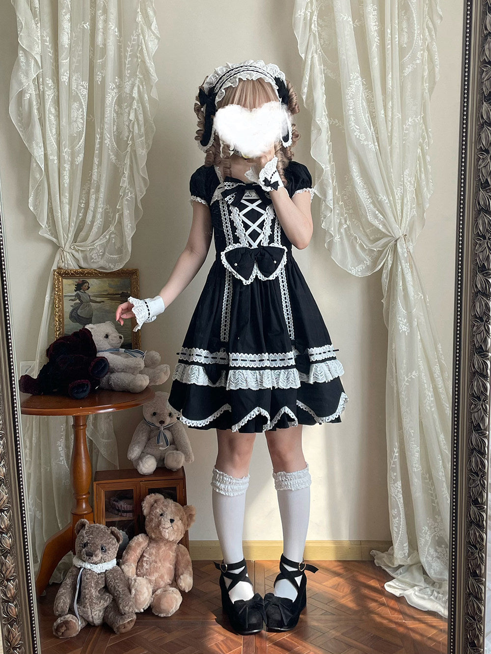 Black [Petal Bunny] Cotton Square Collar Short Sleeves Double-Layered Ruffled Bow Lace Lace-Up Sweet Lolita Dress - Product - 11