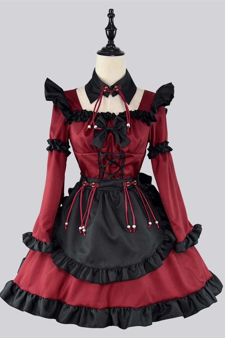 ブラック／レッド Maid 長袖 フリル リボン ゴシックロリータワンピース フルセット 商品画像