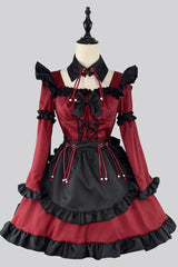 Black/Red Maid Long Sleeves Ruffle Bowknot Gothic Lolita Dress Full Set - Black/Red - 1
