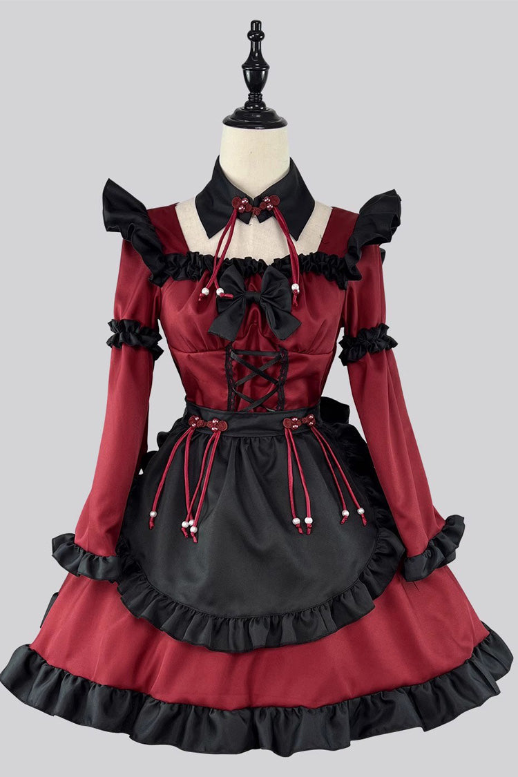 Black/Red Maid Long Sleeves Ruffle Bowknot Gothic Lolita Dress Full Set - Black/Red - 1