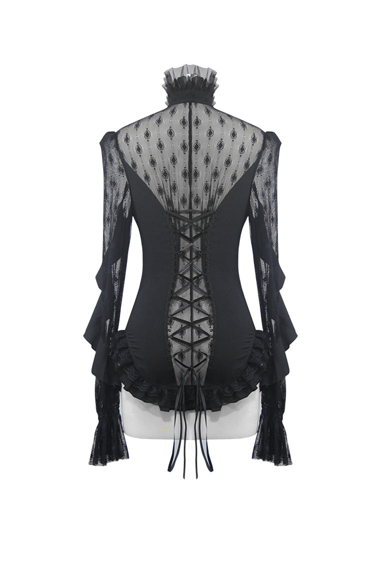 Black Chiffon High Collar Front Chest Beaded Flowers Lace Cuff Back Waist Lace Up Women's Gothic Blouse - Product - 8