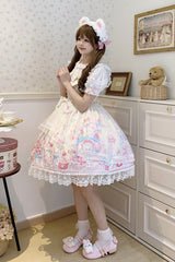 Yellow [Cute Rabbit Sweet Cake] Print Ruffle Bowknot Lace Sweet Lolita Jsk Dress - Product - 5