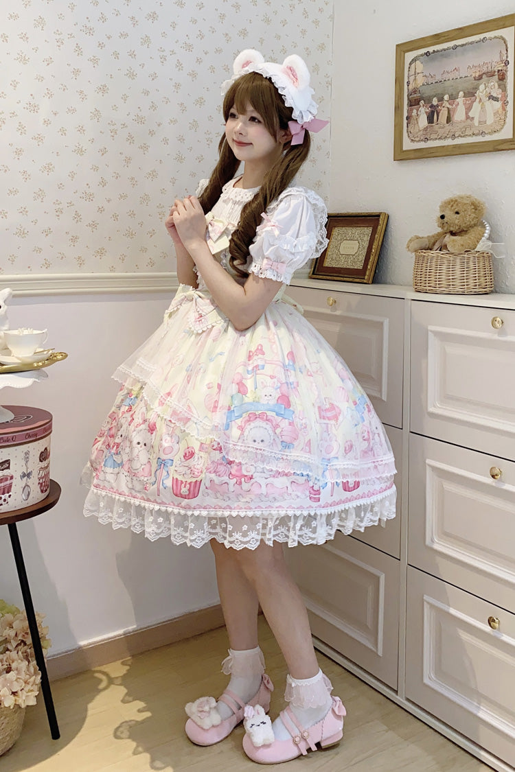 Yellow [Cute Rabbit Sweet Cake] Print Ruffle Bowknot Lace Sweet Lolita Jsk Dress - Product - 5