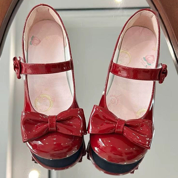Round-Toe Bowknot Sweet Lolita Velcro Buckle Mary Jane Shoes 2 Heel Heights - Wine-Red(3cm) - 4