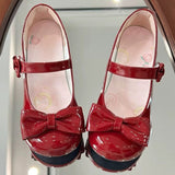 Round-Toe Bowknot Sweet Lolita Velcro Buckle Mary Jane Shoes 2 Heel Heights - Wine-Red(3cm) - 4