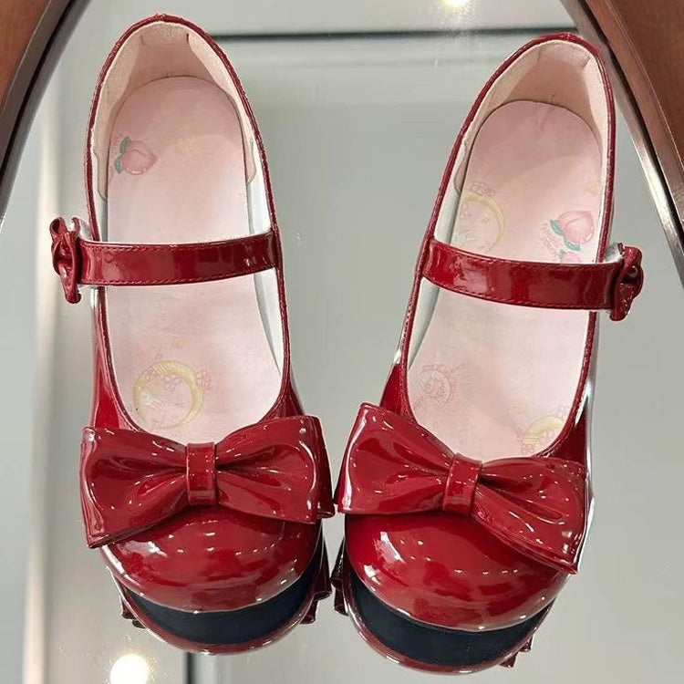 Round-Toe Bowknot Sweet Lolita Velcro Buckle Mary Jane Shoes 2 Heel Heights - Wine-Red(3cm) - 4