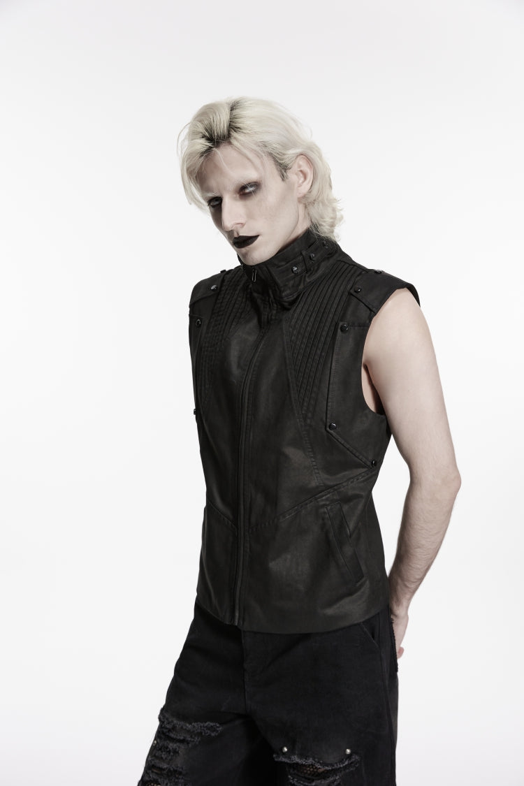 Black Stand Collar Sleeveless Studded Zippered Pleated Men's Punk Cool Vest - Product - 5