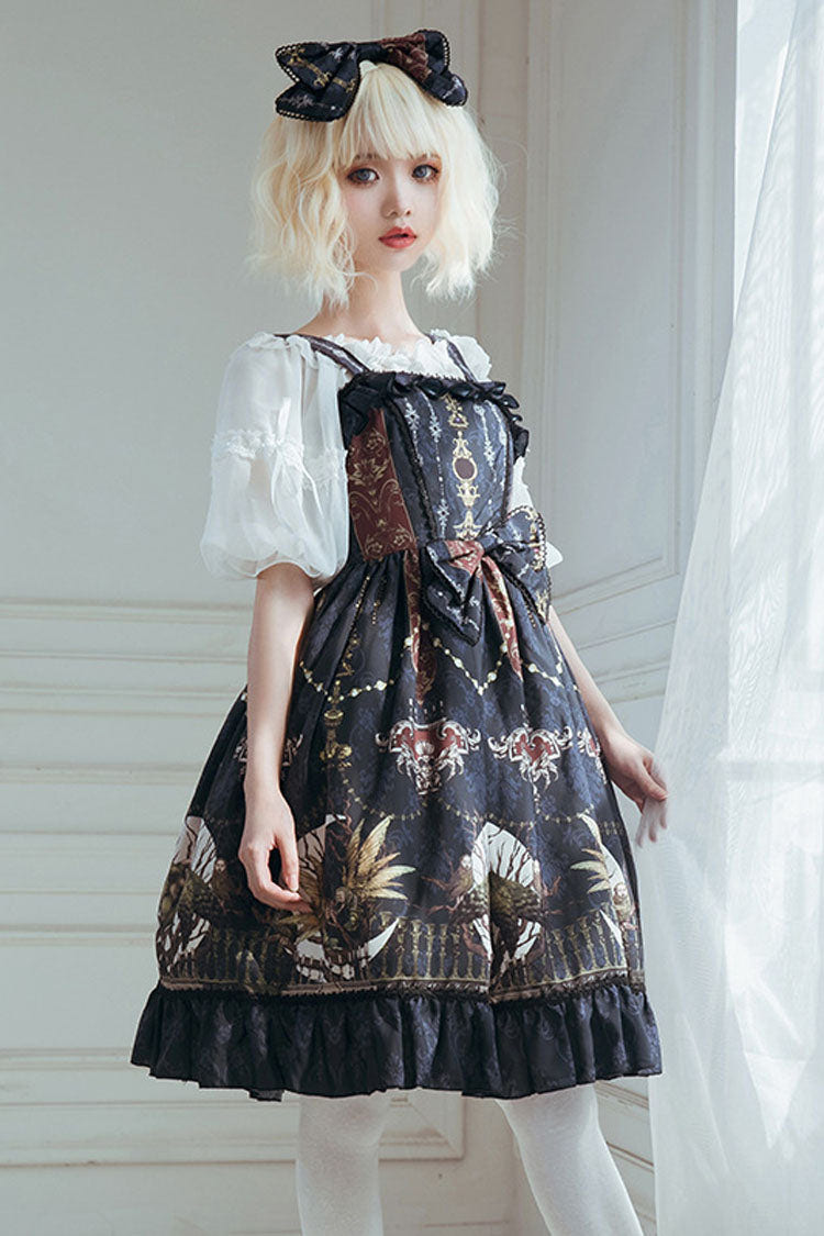 Dark Bule Bowknot Altar Of The Month Print Ruffled Classic Lolita Suspender Dress - Product - 2